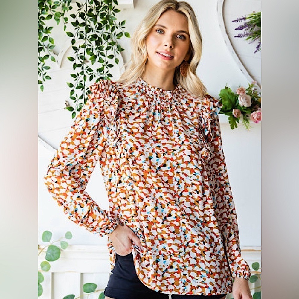 NEW Color Splash Long Sleeve Shirred Frill Neck Ruffle Shoulder Blouse Size XL